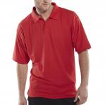 The photograph features two red Beeswift Polo Tops side by side on a hanger. The Beeswift logo is visible on the left chest, while the tag on the right sleeve displays the size as small. The fabric appears lightweight and comfortable, with a classic polo shirt design.