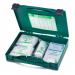 The picture shows a green, boxed Click Medical 1 Person First Aid Kit. The kit includes a variety of medical supplies, such as bandages and gauze, neatly organized inside. The box also features the Click Medical logo in white lettering.