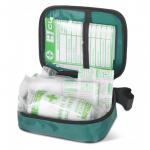 The Click Medical First Aid Travel Pouch is compact and easy to carry. It has multiple compartments for organizing medical supplies and a red cross symbol on the front. The Click Medical logo is also visible on the side of the pouch. The pouch is made of durable material and has a zippered closure for secure storage.