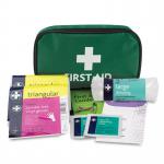 .

The picture shows a green pouch containing a Click Medical First Aid Essentials HSE 1 Person Kit. The pouch is compact and easy to carry, with the Click Medical logo visible on the front. Inside the pouch, essential medical supplies can be seen, neatly organized and easily accessible for emergency situations.