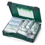 This image shows a compact first aid refill kit from Click Medical, designed for 10 people. It includes a variety of medical supplies and is easily accessible via a click mechanism. The packaging is clean and professional.