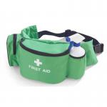 This first aid kit is conveniently stored in a bumbag and includes essential supplies for personal or sports-related medical needs. The bumbag is compact and easy to carry, making it perfect for on-the-go situations. The kit is labeled with the recognizable first aid symbol for easy identification.