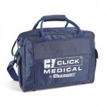 This picture shows a Click Medical Football First Aid Kit, model CM0067. The kit is compact and portable, with bright red and white packaging. The kit contains all necessary first aid supplies, organized neatly inside. On the front, a picture of a football player reinforces the kits sports-specific purpose. The Click Medical First Aid logo is prominently displayed on the front.