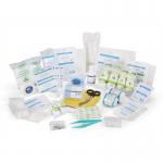 This photo shows a football-themed first aid kit refill from Click Medical. The refill includes essential items for treating common injuries on the field such as bandages, disinfectant wipes, and safety pins. The packaging features a prominent red cross and clear labeling for easy identification.