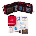 In the image, a compact and portable first aid kit is shown containing a CELOX BLEED CONTROL KIT, specifically designed for knife crime emergencies. The kit includes essential tools and supplies for stopping bleeding and treating wounds. The bright red packaging features the recognizable Click Medical logo.