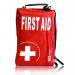 The photograph shows a red first aid bag with the words Click Medical First Aid on the front. The bag has a zippered opening and multiple pockets for organizing medical supplies. It also has a handle for easy carrying.