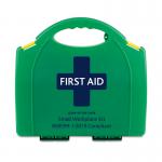 The photo showcases a compact workplace first aid kit, featuring a glow in the dark design and labeled with the standard BS8599-1. It includes essential items for medical emergencies, easily accessible with a simple click mechanism.