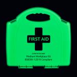 The photograph shows a large workplace first aid kit from Click Medical, specifically the BS8599-1 model. The kit is compact and easy to transport, with a glow-in-the-dark design for easy visibility. It contains a variety of essential first aid supplies for any workplace emergency.