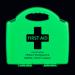 The photograph shows a large workplace first aid kit from Click Medical, specifically the BS8599-1 model. The kit is compact and easy to transport, with a glow-in-the-dark design for easy visibility. It contains a variety of essential first aid supplies for any workplace emergency.