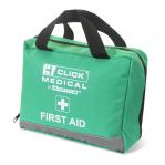 The picture shows a compact and organized Click Medical 203 Piece First Aid Kit. The kit contains various medical supplies, neatly arranged in compartments, providing quick access during emergencies. The packaging is sturdy and labeled for easy identification of items.