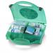 The picture shows a compact red and white first aid kit by Click Medical. It has a prominent Click Medical logo on the front and is labeled as a medium-sized BS8599 kit. The kit has a distinctive click mechanism to open it and reveal its contents, which includes various medical supplies. The kit is compact and portable, making it easy to carry in case of emergencies.