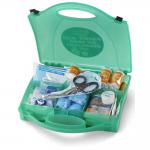 The photograph captures a Click Medical First Aid Kit, designed according to the BS8599 standard, in its large size, known as CM0120. The kit includes essential items for addressing medical emergencies and is easily identifiable with the bold Click Medical logo. The kit is compact, yet spacious, and neatly organized, with clear compartments and labels for quick access to specific supplies.