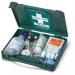 The image shows a compact, red and white medical travel first aid kit by Click Medical. It is certified to BS8599-1 standards and labeled as CM0130. The kit contains various medical supplies and is suitable for travel purposes.