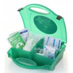 The picture shows a compact, lightweight first aid kit designed for travel. It contains essential medical supplies, in compliance with the BS8599-2 standard, to provide emergency care in case of injuries or illnesses while on the go. The kit is labeled Click Medical Travel First Aid Kits and Click Medical Travel Bs8599-2 First Aid Kit Small CM0135 on the cover. The contents inside are neatly organized and easily accessible.