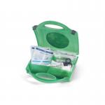 This photo features the Click Medical Travel BS8599-2 First Aid Kit Medium CM0140. The kit is compact and organized, with various medical supplies visible in each compartment. The vibrant red case is labeled clearly with the brand and kit name, making it easy to identify in case of an emergency.
