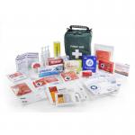 The picture shows a compact First Aid Kit by Click Medical, specifically designed for travel. The kit contains essential medical items for emergencies on the go. Its bright red case has a label with the brands logo and name, making it easily identifiable in any situation. The kit includes bandages, gauze, antiseptic wipes, scissors, and other items neatly organized inside the case. Its compact size makes it convenient to pack in a bag or keep in a car for any unexpected situations.