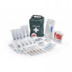 The photograph shows a compact and organized first aid kit by Click Medical designed for travel and overseas use. The kit includes sterile essentials, ensuring safety and peace of mind while on the go. It features a durable case and various compartments for easy access to all medical necessities.