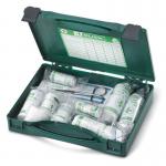 The photo shows a Click Medical Travel First Aid Kit refill for public service vehicles (PSV). The compact kit includes a variety of medical supplies and is designed for easy access during emergencies. Bright red colors and clear labeling make it easy to identify and use in any situation.