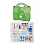 The picture shows a compact red first aid kit with a simple click-to-open design. It is labeled as the Click Medical PACT (PUBLIC ACCESS TRAUMA KIT) BOX KIT CM0180. The kit contains essential medical supplies and equipment for emergencies and is easy to transport.
