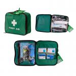 The image shows a compact bag with the label Click Medical First Aid PACT in a Bag. The bag appears to have multiple pockets and compartments, and the main flap is marked with a red Medical cross symbol. The bag is opened to reveal organized medical supplies and equipment, including bandages, gauze, and an automated external defibrillator (AED). The bag has handles and a shoulder strap for easy transport.