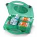 This photograph shows a compact and portable Click Medical First Aid Kit designed for up to 10 people. It contains various supplies, neatly organized and labeled, including bandages, antiseptic wipes, and scissors. The kit is contained in a durable and brightly colored case with a prominent Click Medical logo.