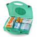 The photo shows a compact and organized first aid kit, suitable for up to 50 people, with clearly labeled compartments and handles for easy transportation. It includes a variety of medical supplies such as bandages, gauze, and antiseptic wipes, all easily accessible with a simple click mechanism.