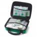 The first aid kit is enclosed in a medium-sized Feva case. Bright red with white lettering, the kit includes supplies for 1-10 people. The words Click Medical First Aid stand out on the cover.