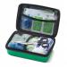 The image shows a compact, red First Aid kit with the words Click Medical Travel First Aid Kits printed on the front. Inside, there are various medical supplies neatly organized, including bandages, gauze, and ointments. The case is small and convenient for travel, making it easy to carry in a backpack or suitcase.