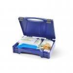 The photograph shows a compact, red and white first aid kit with the Click Medical logo on the front. The kit contains a variety of items, including bandages, scissors, and antiseptic wipes. It has a clear plastic cover, allowing easy visibility of the contents. The kit is suitable for medical emergencies in kitchen or catering environments.