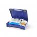 The photograph shows a compact, red and white first aid kit with the Click Medical logo on the front. The kit contains a variety of items, including bandages, scissors, and antiseptic wipes. It has a clear plastic cover, allowing easy visibility of the contents. The kit is suitable for medical emergencies in kitchen or catering environments.