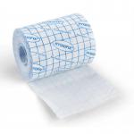 In the picture, the Click Medical Dressing Retention Sheet is shown as a roll of 10cm x 10m size. The sheet is white in color and has a smooth texture. The packaging displays the Click Medical branding with the words First Aid Supplies in bold font. The sheet is neatly rolled and secured with a band, with the product details and instructions printed on the label. Overall, the picture showcases a useful and professional looking medical supply.