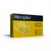 This picture shows a box containing Click Medical Plasters Microplast washproof spot plasters. There are 100 plasters in the box, each measuring 2.2cm. The plasters are neatly stacked and visible through the clear plastic packaging. The packaging also displays the brand name and product information.