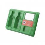 The image shows a white empty eyewash station from Click Medical. The kit is labeled with the companys name and features multiple compartments, valves, and tubes for eye wash solutions. It is designed to be mounted on a wall for easy access in case of an emergency.