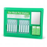 The photo shows a Click Medical Eyewash Pod Station with 10X20ml pods. The station has a modern design with clear instructions and easy-to-use push buttons for emergency eye wash. The pods and station are compact and perfect for any workplace.