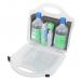 A photo of the Click Medical Eye Wash Kits would show a compact red first aid box with the brand name and product name clearly labeled. The box would open to reveal neatly organized eyewash supplies, including bottles, cups, and instructions.