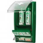 The photo shows the Cederroth Eye Wash Kits and Cederroth Eyewash Station (CM0726). The kits are neatly arranged on the station, with clear instructions and labels. The station is compact and can be mounted on a wall for easy access. The kit includes eye wash bottles and a user-friendly design for emergency eye wash situations.