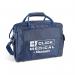 The photograph shows two empty first aid bags by Click Medical. One is a blue Touchline sports bag and the other is a standard empty first aid bag. Both bags have a sturdy design with multiple compartments and zippers for organization.