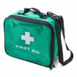 The image shows a compact Click Medical First Aid Multi Purpose Bag in bright red. The bag features the Click Medical logo in white and multiple compartments and pockets. A zipper runs along the top of the bag, keeping contents secure. The bag is practical and easy to carry, making it perfect for emergency situations.