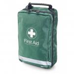 This photo features a compact, durable first aid bag from Click Medicals Med Eclipse BSI series. The bag is open and packed with various medical supplies, organized neatly into labeled compartments. The exterior is black with red accents and the Click Medical logo.