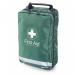 This photo features a compact, durable first aid bag from Click Medicals Med Eclipse BSI series. The bag is open and packed with various medical supplies, organized neatly into labeled compartments. The exterior is black with red accents and the Click Medical logo.