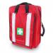 The picture shows a red Click Medical paramedic rucksack with the words First Aid Supplies on the front. The backpack is filled with various medical supplies and has multiple pockets and compartments for organization. It also has adjustable straps for comfortable carrying.