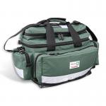 An open green first aid bag with multiple compartments, zippers, and handles. It is stocked with empty medical supplies such as gauze, bandages, and scissors. The bag is made by Click Medical and is designed for trauma situations.