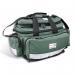 An open green first aid bag with multiple compartments, zippers, and handles. It is stocked with empty medical supplies such as gauze, bandages, and scissors. The bag is made by Click Medical and is designed for trauma situations.