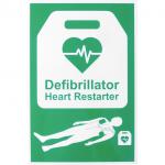 The image features two Click Medical defibrillators - an AED and an automated external defibrillator sign. Both have a bright green color and measure 20X30cm. The sign is labeled CM1328 and has a prominent click button. These life-saving devices are essential for emergency medical situations.