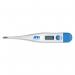The image shows a digital thermometer from A&D Medicals first aid supplies, the CM1727 model from Click Medical. The thermometer is sleek and modern, with a clear display and simple buttons. Its compact size and white color make it convenient for travel or at-home use.