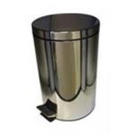 The picture shows a stainless steel pedal bin from Click Medical, designed for first aid supplies. The bin has a sleek, modern look with a foot pedal for convenient opening. It is compact in size and would be a useful addition to any first aid station or medical facility.