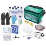 This photograph shows the Click Medical First Aid Click Medical Acid Attack Kit (CM1770). The compact kit features essential supplies to treat acid attacks and is labeled for easy identification. It includes items such as dressings, saline solution, and instructions. The kit is enclosed in a durable case and designed for quick access in emergencies.
