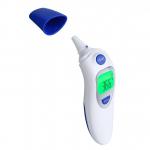 The image shows the Click Medical First Aid Supplies Infrared Thermometer, with a compact design and dual function for forehead and ear readings. The thermometer is made by Click Medical and features the model number CM1779. It has a sleek white and grey color scheme and displays accurate digital temperature readings.