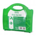 The picture shows a compact and well-organized first aid kit containing various medical supplies such as bandages, gloves, and cleansing wipes. The kit is clearly labeled and includes space for personalizing information. Its portable size makes it suitable for a group of 1-50 people.