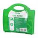 The picture shows a compact and well-organized first aid kit containing various medical supplies such as bandages, gloves, and cleansing wipes. The kit is clearly labeled and includes space for personalizing information. Its portable size makes it suitable for a group of 1-50 people.